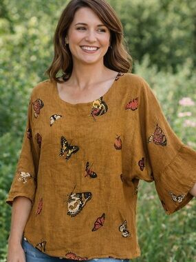 Viola Borghi Women’s Golden-Brown BOHO Butterfly Print Linen Shirt Size Small
